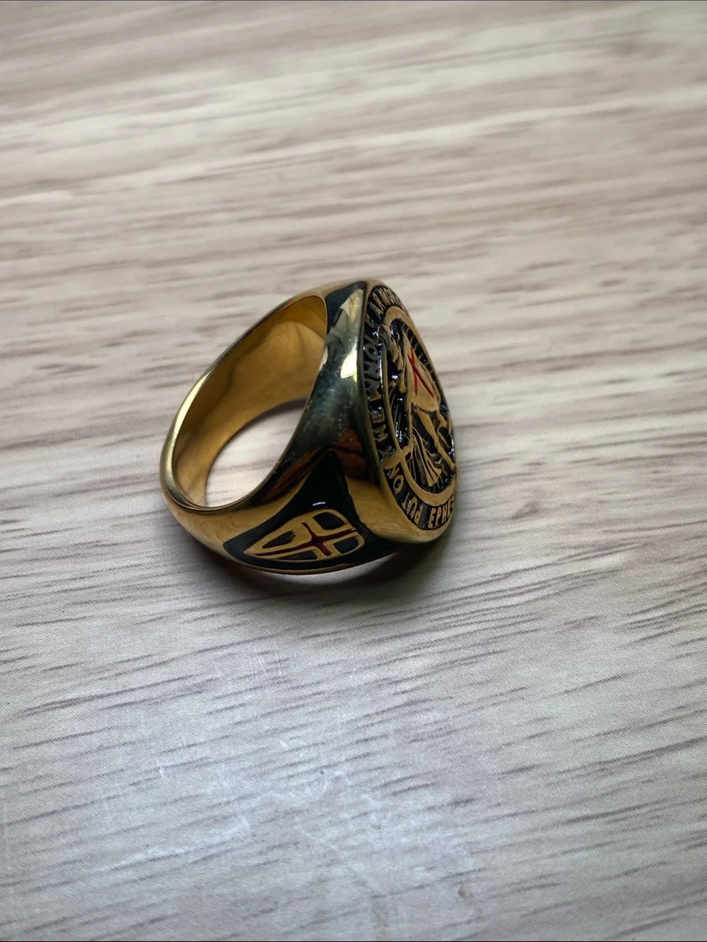 Men Stainless Steel Shield Ring with Red Cross